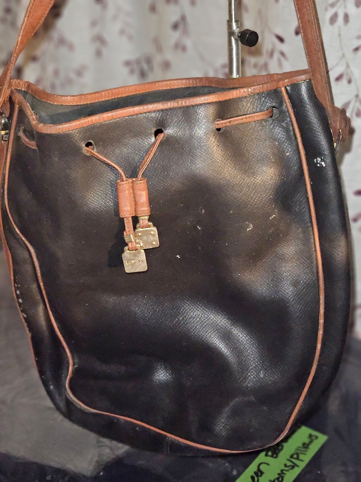 Rare Loewe Navy Leather Bucket Shoulder Bag w/ brown leather adjustable strap