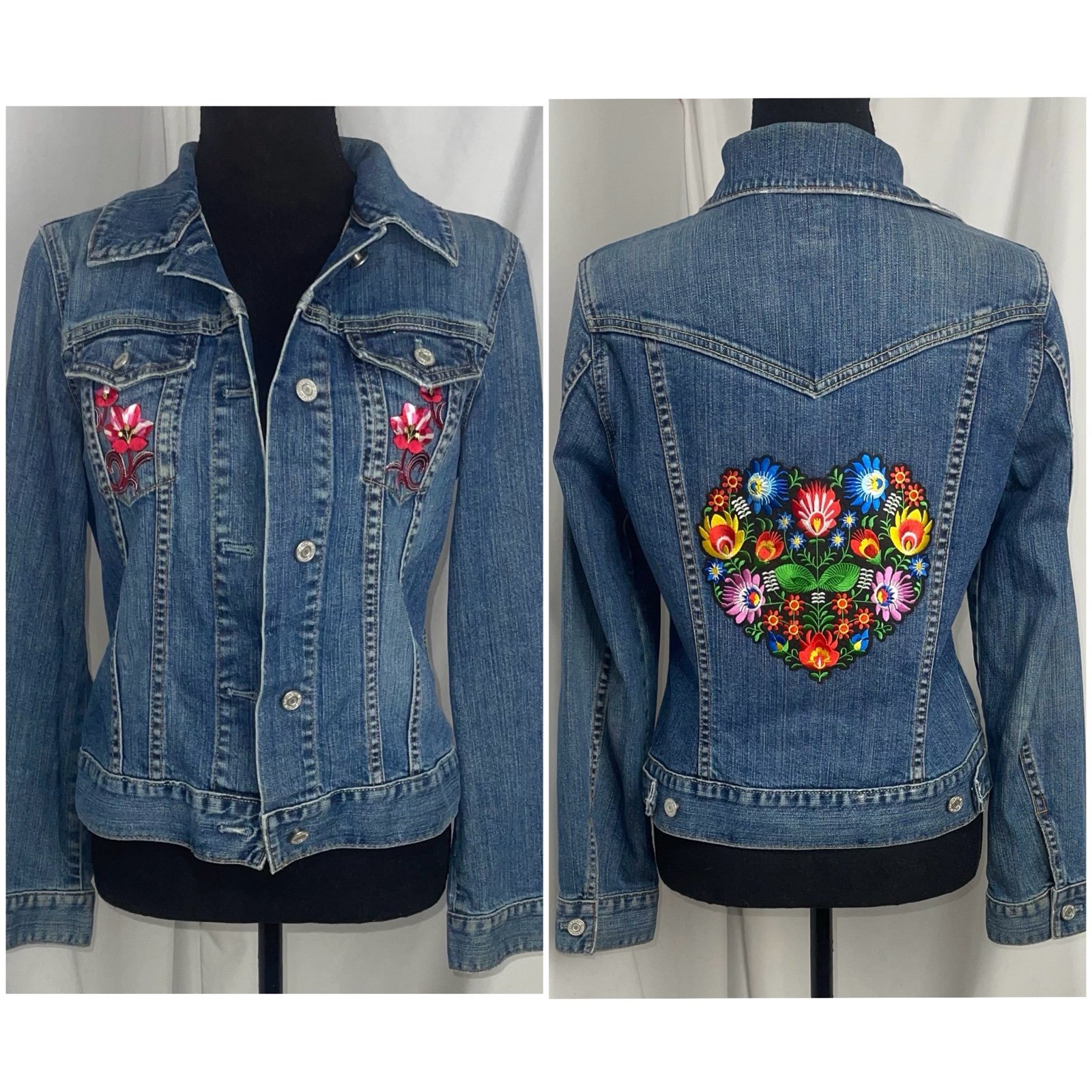 One-Of-A-Kind Customized Polish Folk Art Floral Embroidery GAP Denim Jacket • S