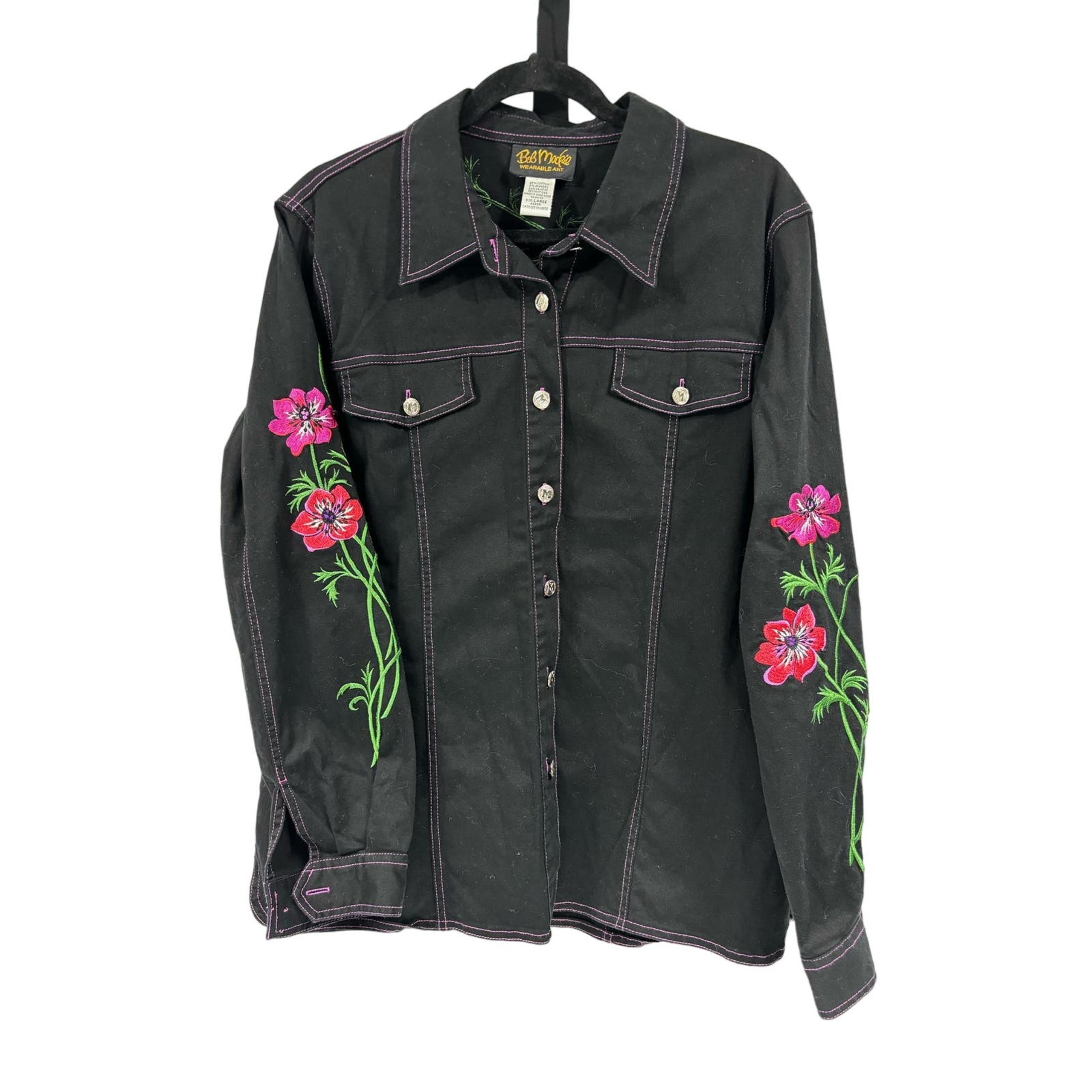 Bob MACKIE Wearable Art Black Flower Floral Embroidered Jacket Top Large