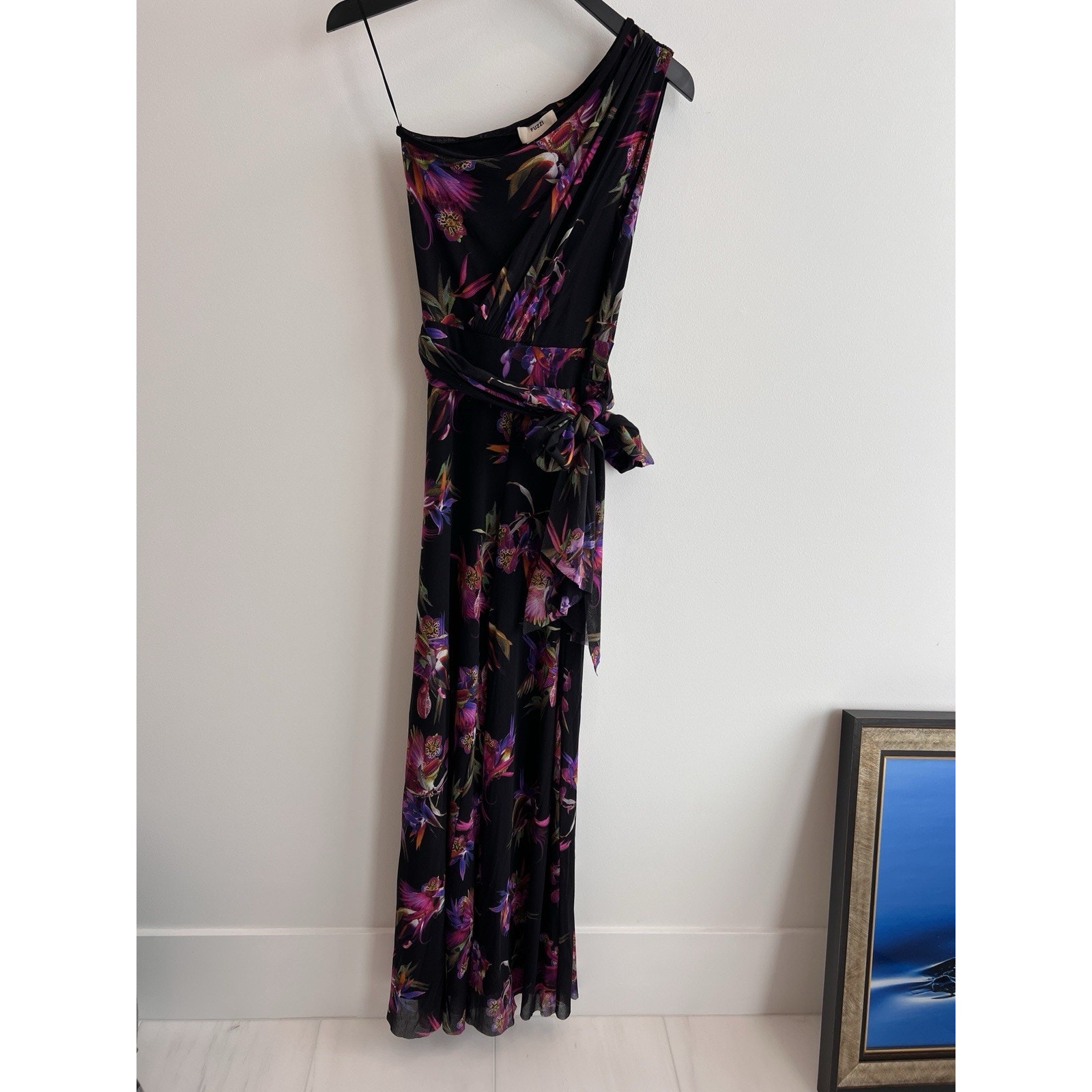 Fuzzi Floral Print One Shoulder Jumpsuit Tie Waist Size S - Black Purple Green