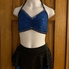 THE LINE UP 2 PIECE BLUE BLACK SEQUIN RHINESTONE DANCE COSTUME SIZE GIRLS 14/16