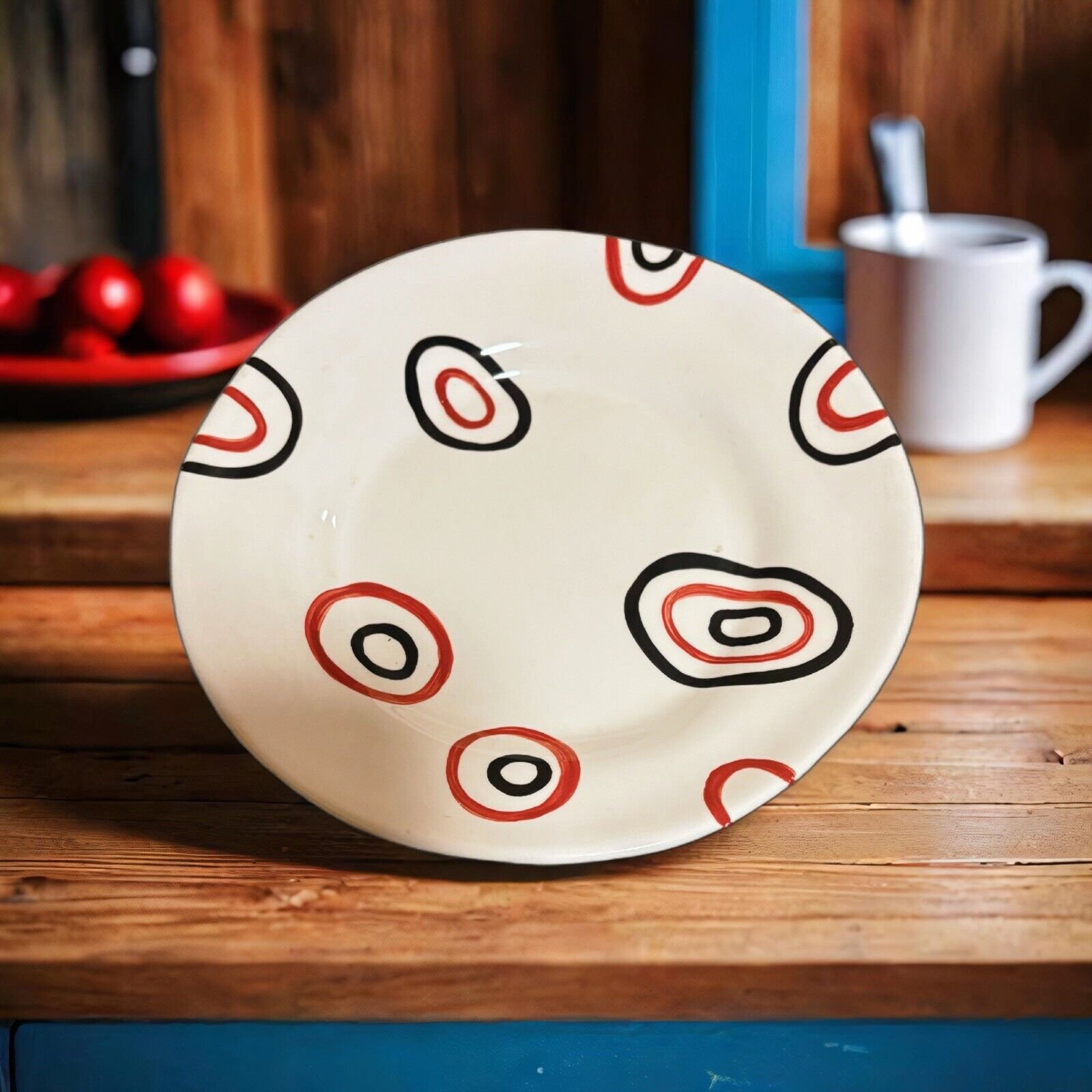 Tabletops Gallery BIJOU 6-Salad Plates Black Red White Hand Painted Dessert Dish
