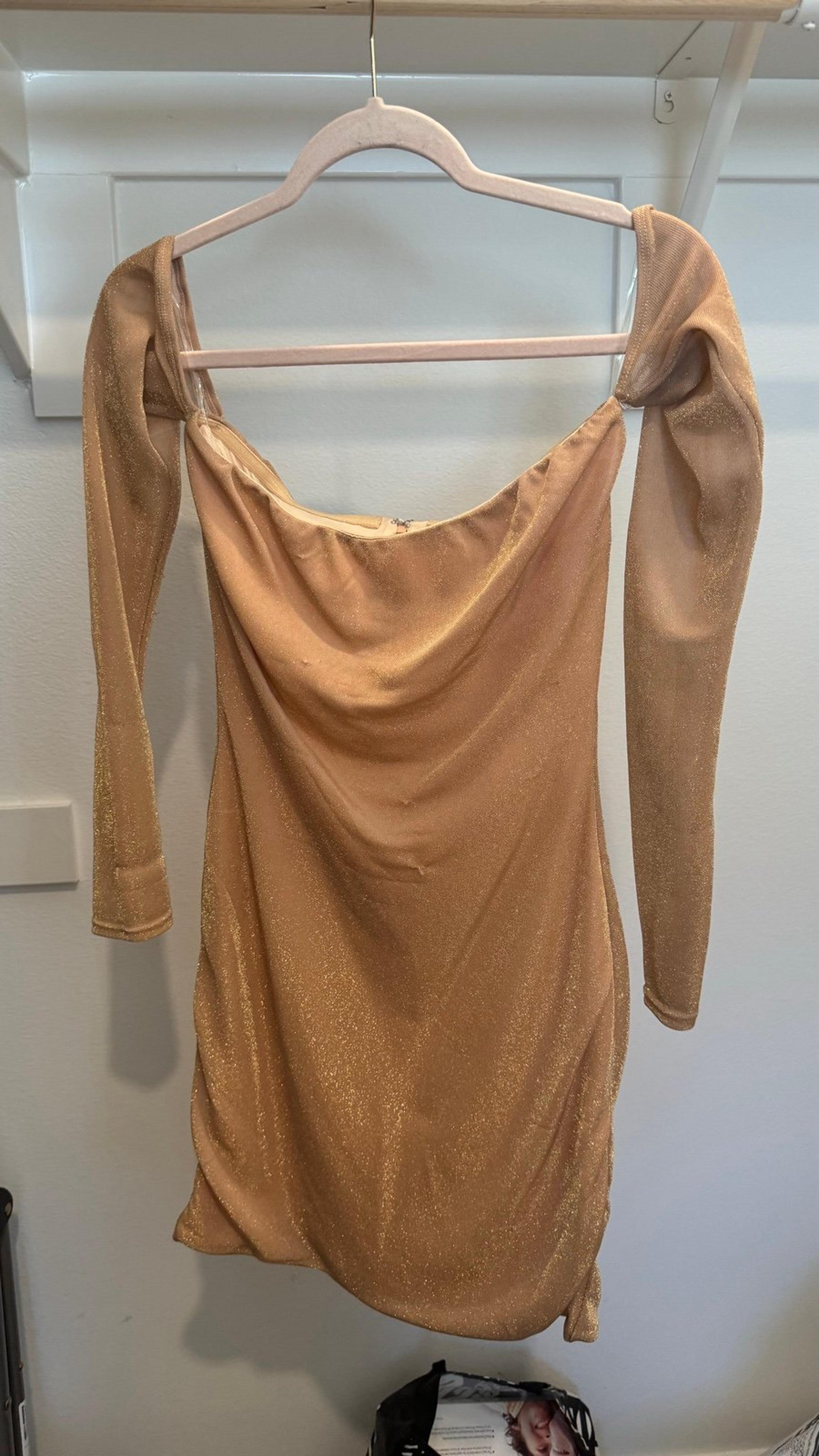 Oh Polly off the shoulder champagne dress