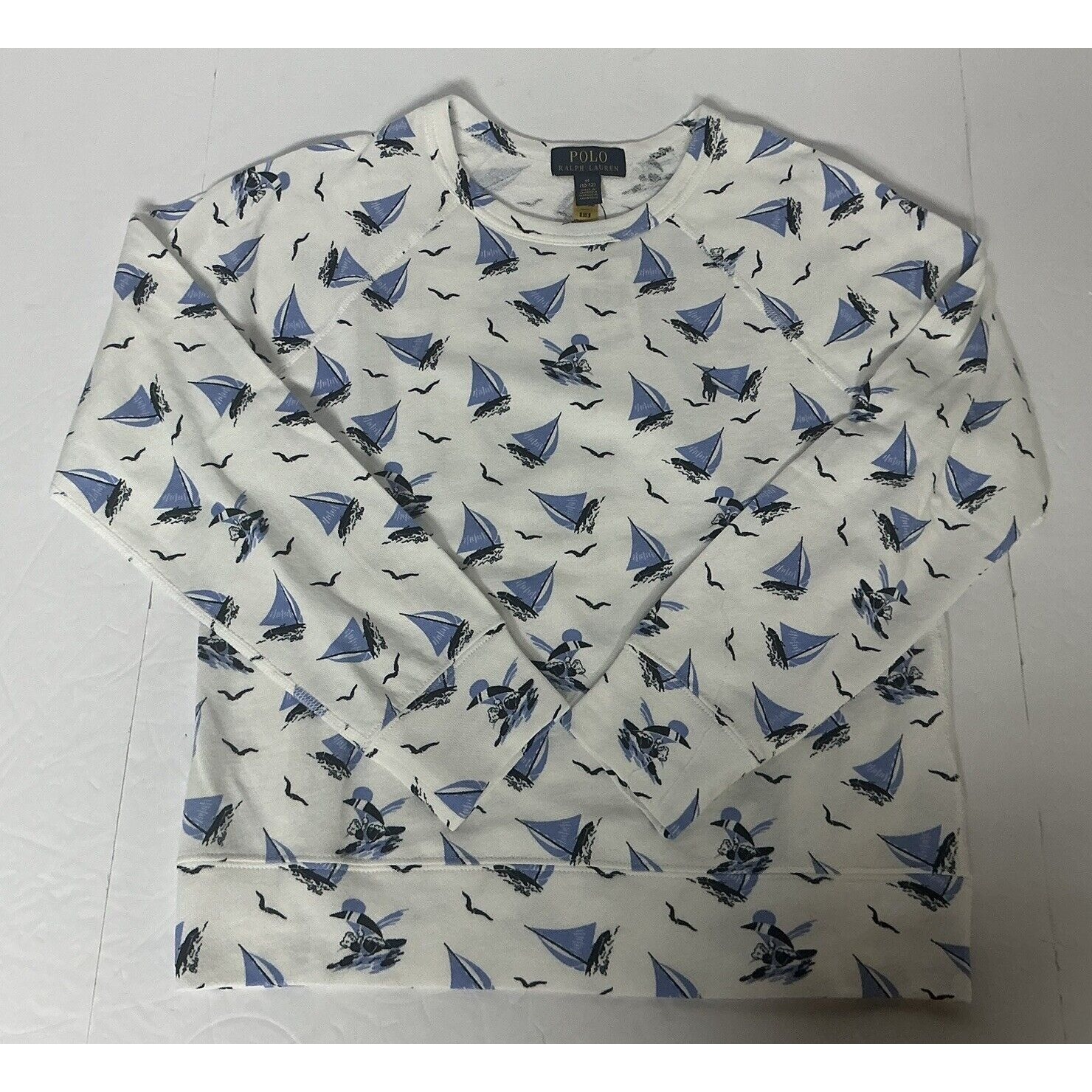 Polo Ralph Lauren Boys Sailboat Sweatshirt Medium (10-12) White/Blue NWT
