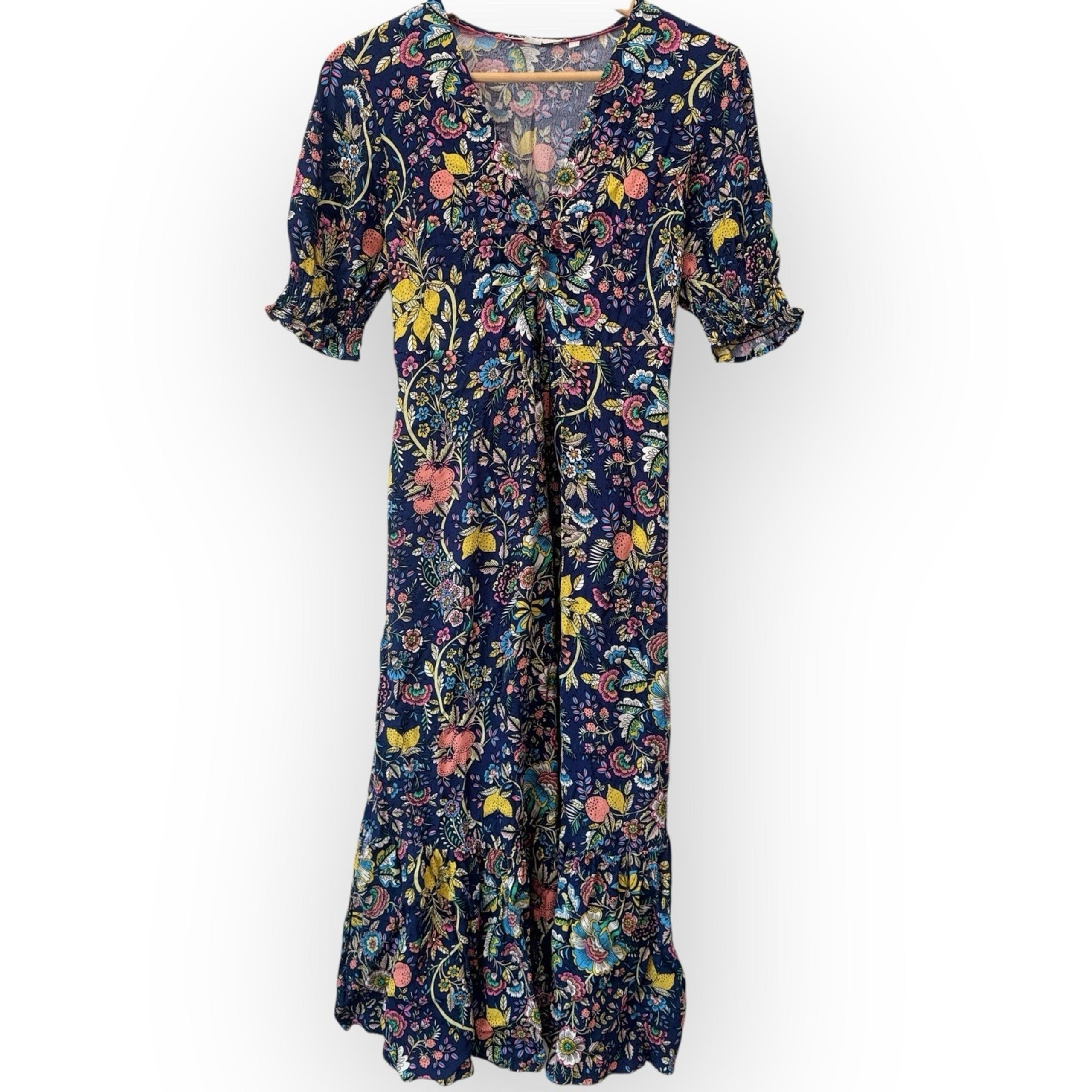 Boden Women's Floral Print V-Neck Midi Tea Dress Size 4R Tiered Tropical