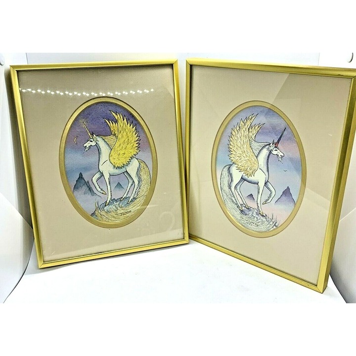 Vintage Janice Livesey 'Winged Unicorn' Watercolor Pair Art Framed 1986 Signed
