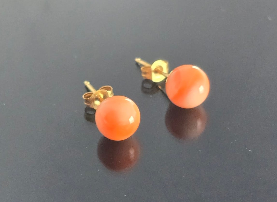 14K solid gold natural coral earrings studs