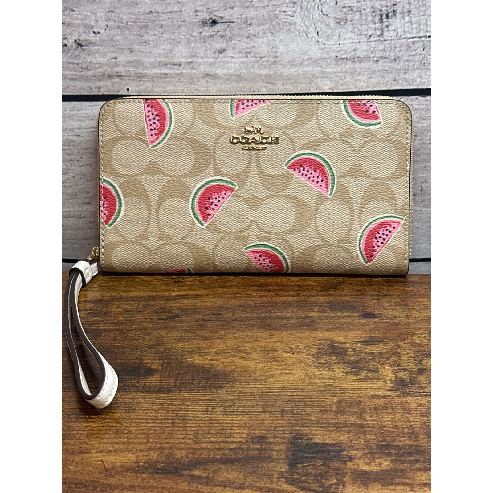 Coach Long Wallet Wristlet With Watermelon Print With Signature Logo