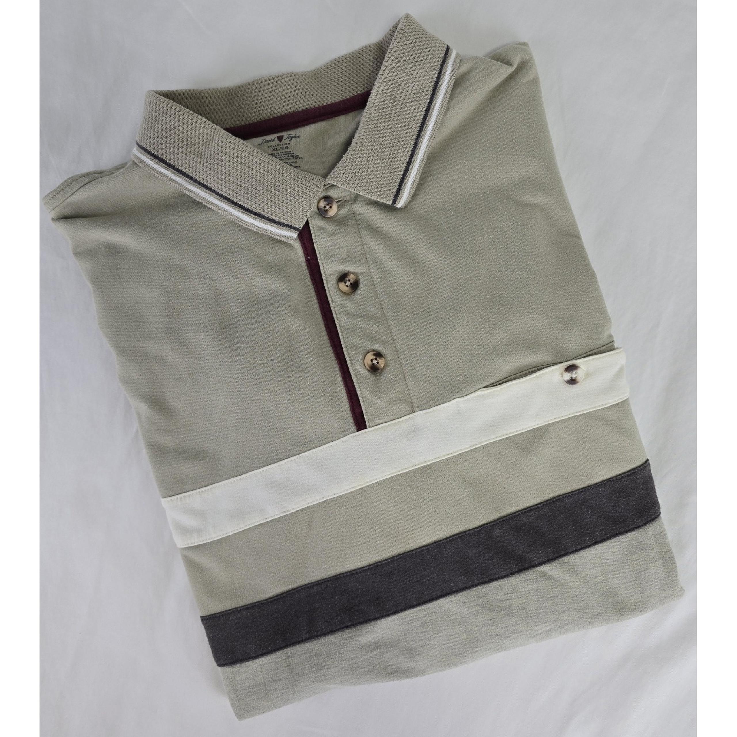 Vtg David Taylor Golf Polo Shirt Mens XL Beige Striped Banded Waist Pocket Dad