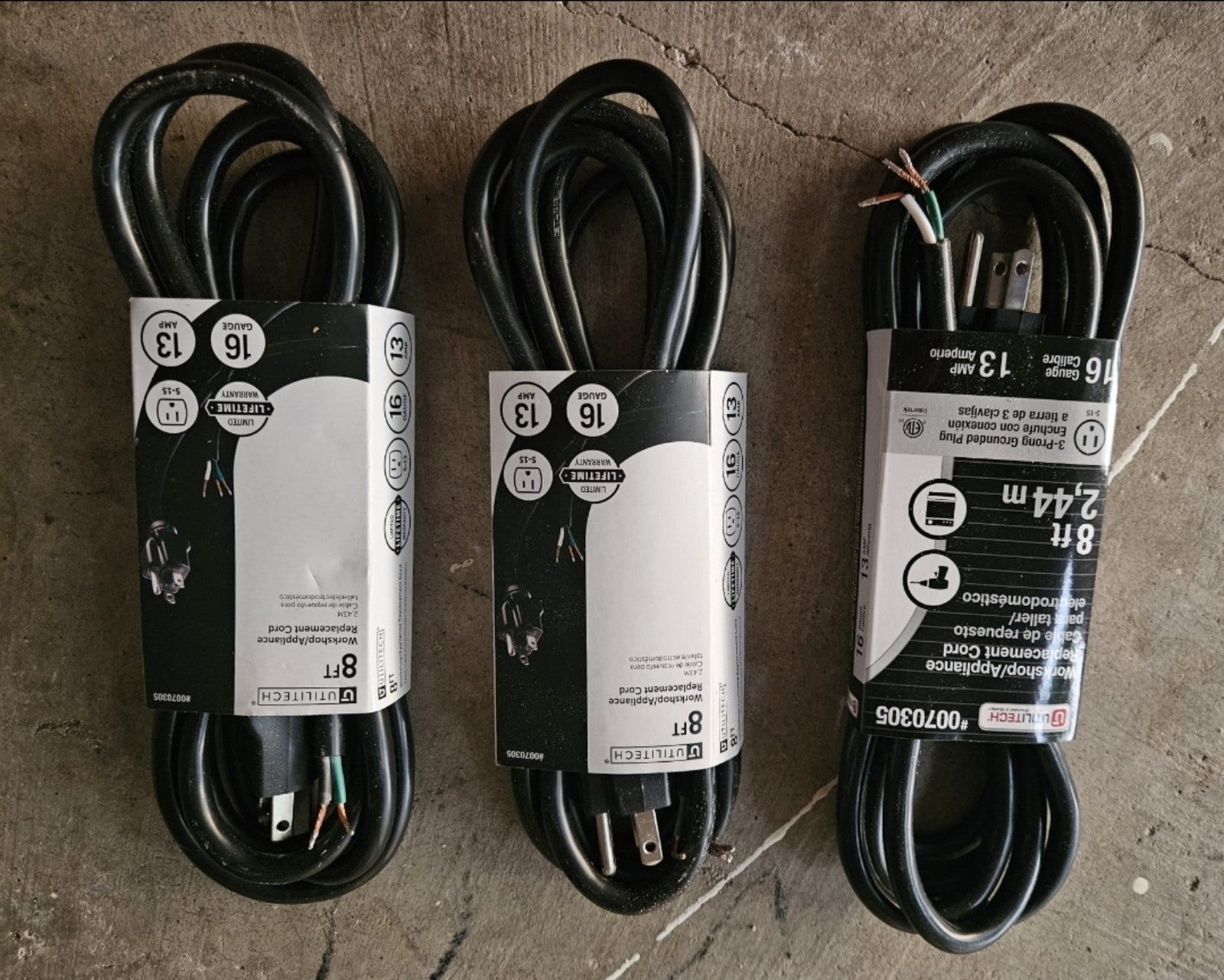 3X Utilitech 8-ft 16 / 3- workshop/appliance replacement Cord  NEW