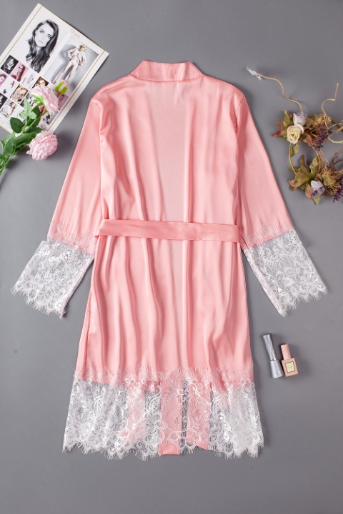 DL Pink Satin Kimono Robe with Lace Trims SIZE XL