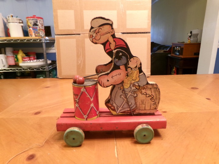 FISHER PRICE PULL TOY # 491 POPEYE BOOM-BOOM DRUMMER WITH SWEET PEA 1937-1938