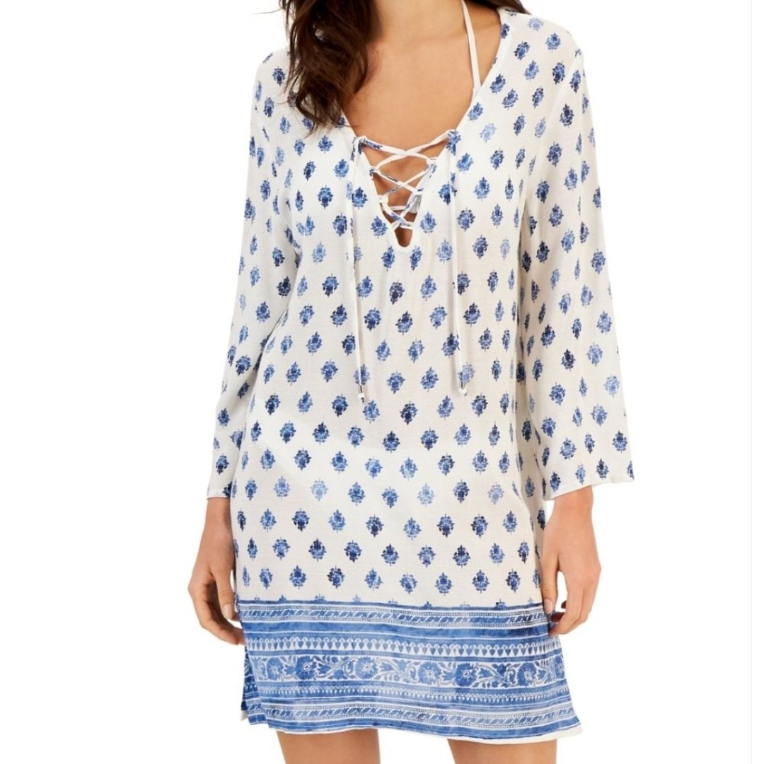 J Valdi Venice Lace-Up-Neck Tunic Cover-Up Women's Size M Navy Blue
