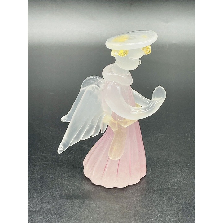 Vtg Murano Pink Opalescent Glass Angel Figurine w Gold Aventurine