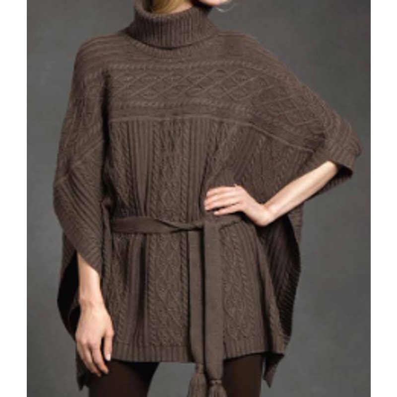 Worth New York Brown Cable Knit Wool Turtleneck Poncho w Belt sz P