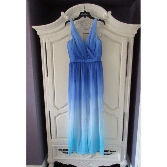 NWT Jay Godfrey Sinclair Blue Teal Ombre Chiffon Slit Front Maxi Dress Gown 8