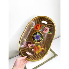Stunning Vintage Mexican Folkart Floral Handpainted Dark wooden Decorative tray,