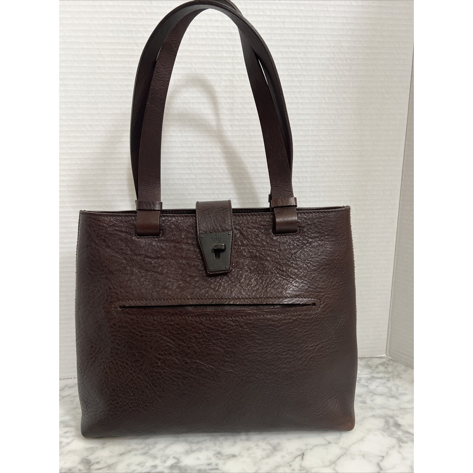 Gucci Pebbled Leather Pocket Tote Brown Tom Ford Gunmetal Hardware Turn Locket