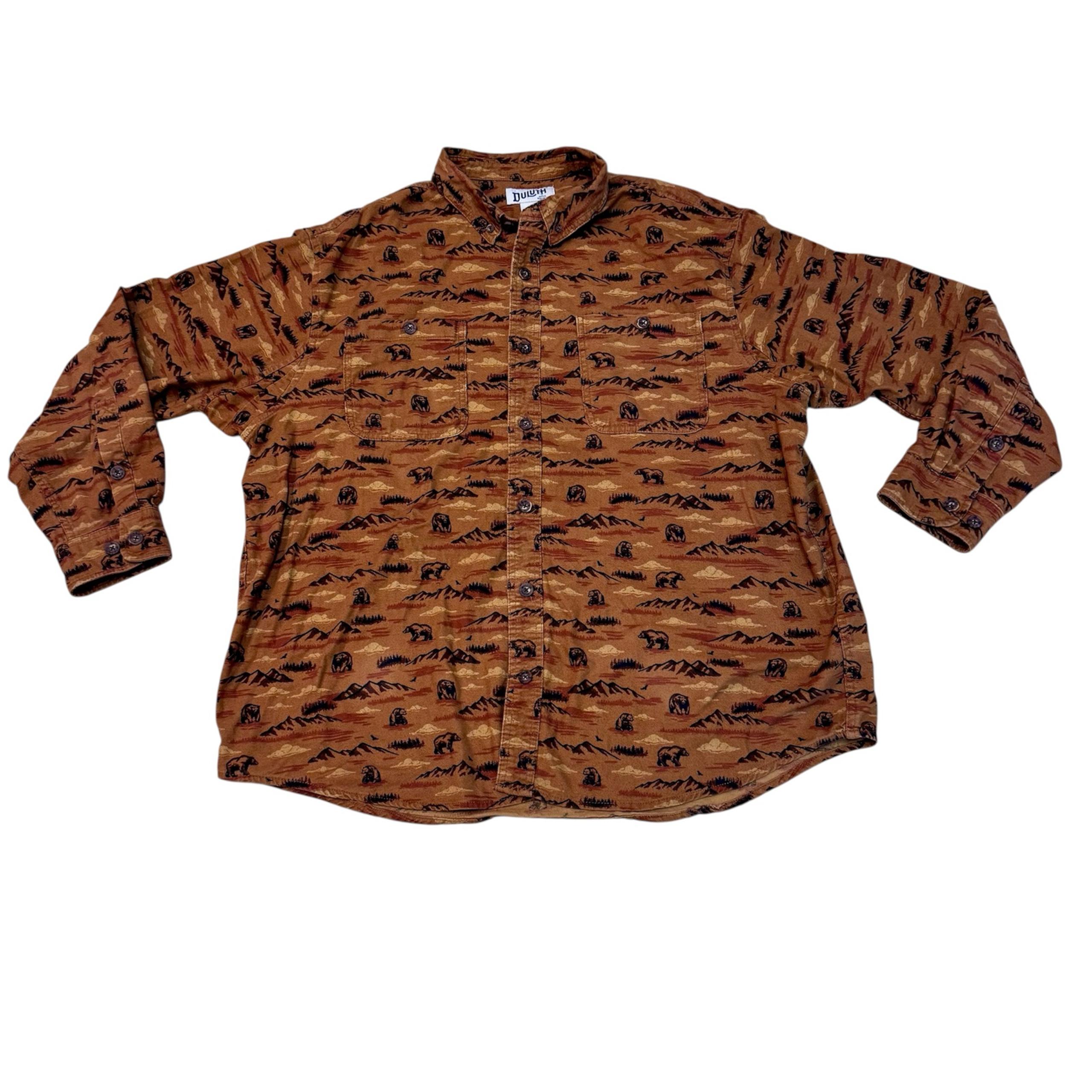 Duluth Trading Co Men’s Brown Bear Print Untucked Flannel Button Shirt Size XL
