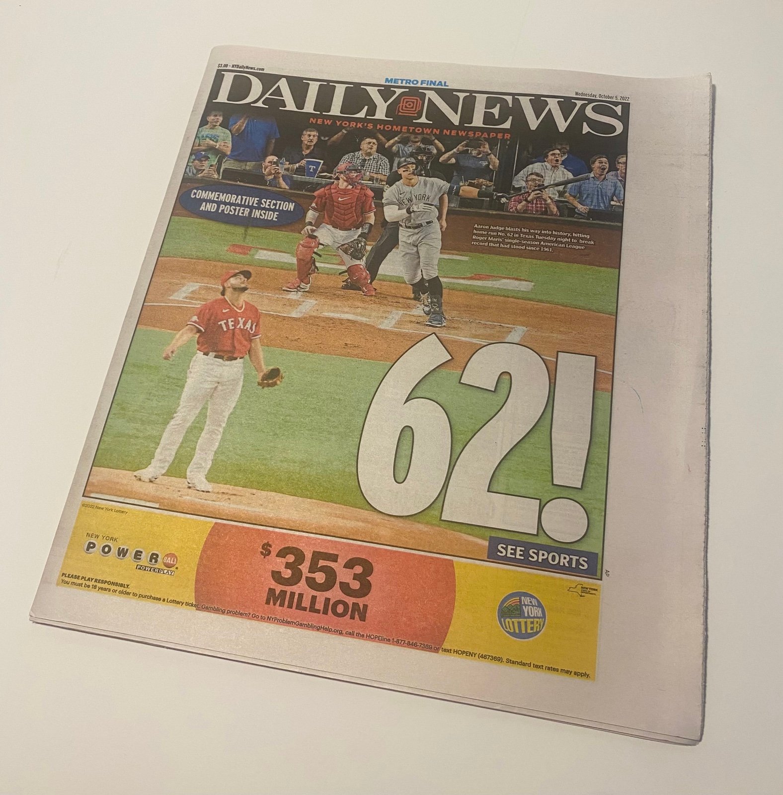 Aaron Judge 62 Home Runs NY Daily News Brand New. Ruth Maris Stand 10-5-2022
