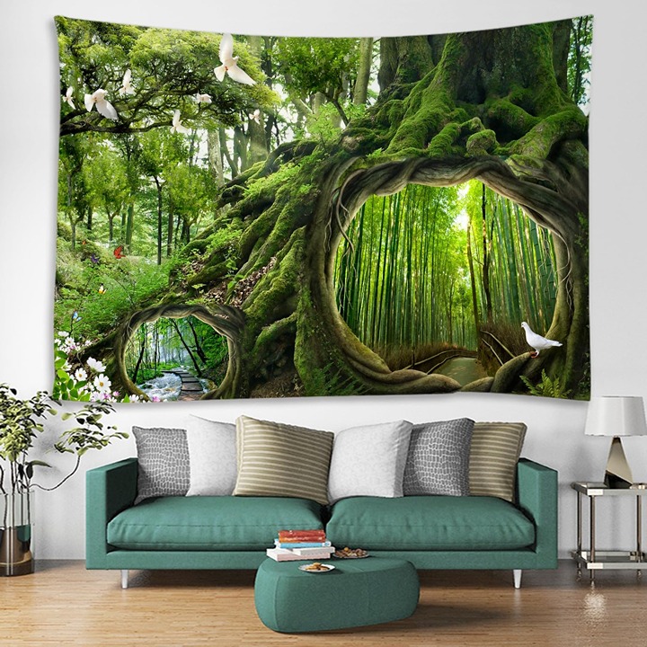 Handmade Forest Ancient Tree Illusionary Design Tapestry Wall Hang Art Decor