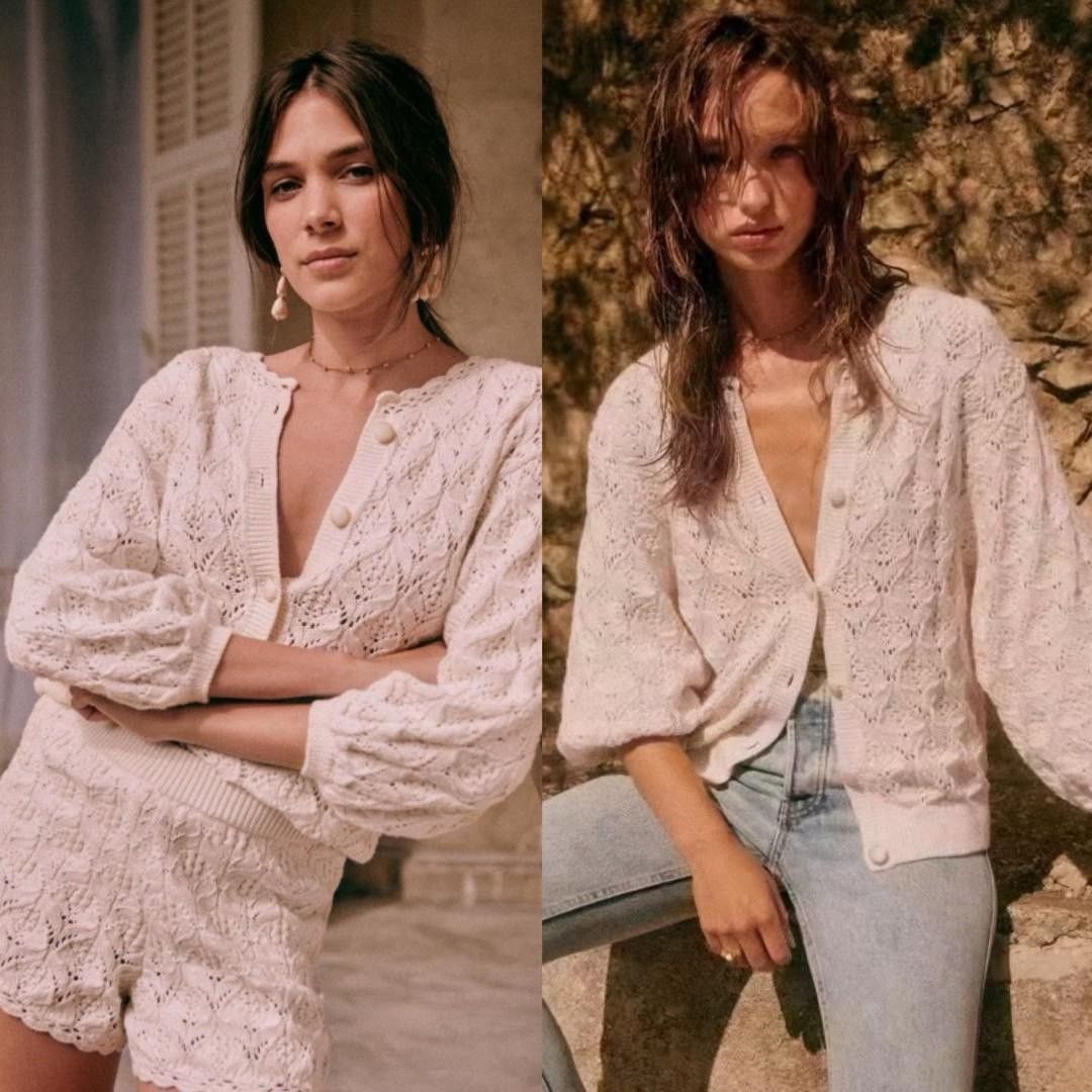 SEZANE ANAHI CROCHET KNIT CARDIGAN CREAM COTTON-ALPACA SIZE SMALL