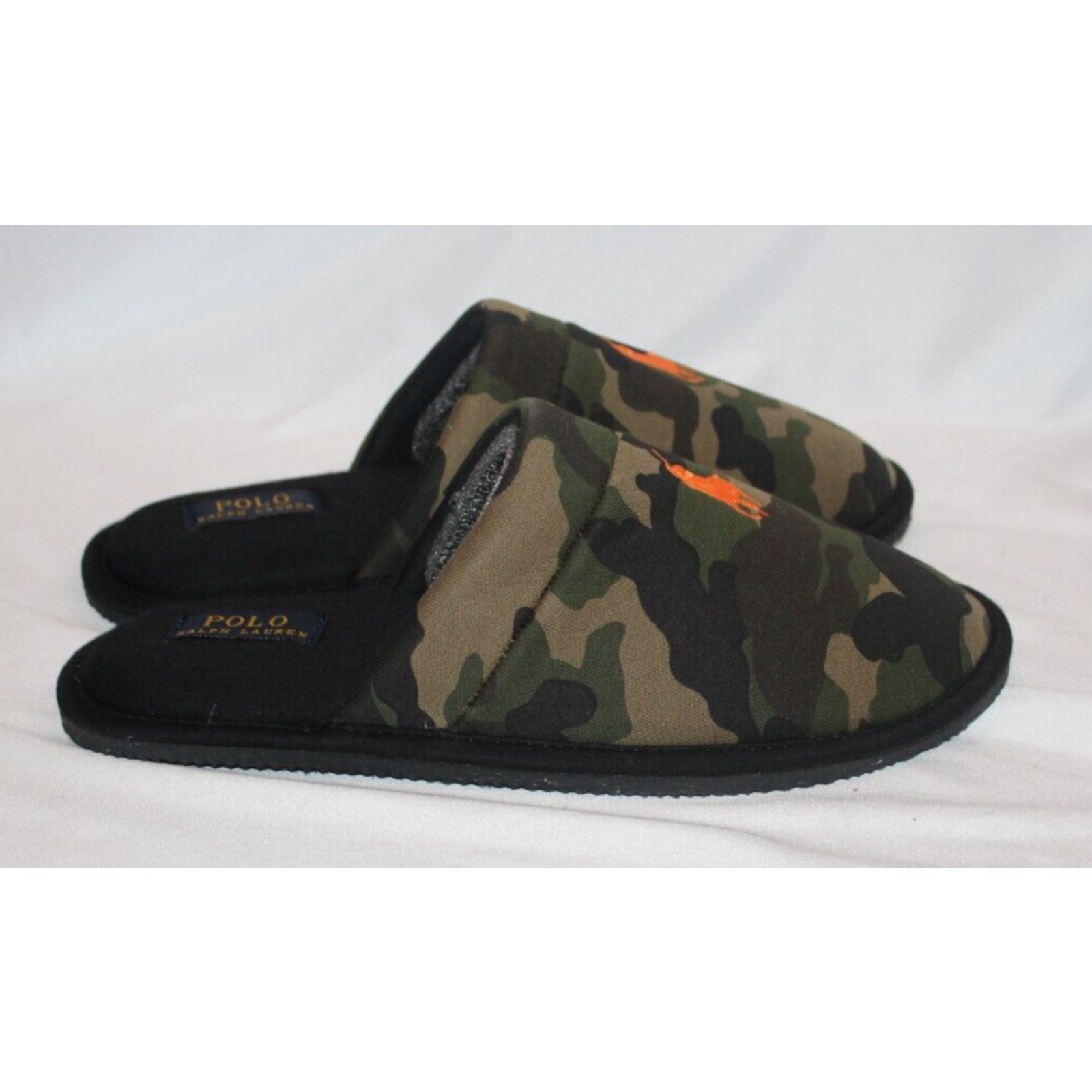 NIB POLO RALPH LAUREN Men’s Scuff Slippers Camouflage Size 8 Green Orange