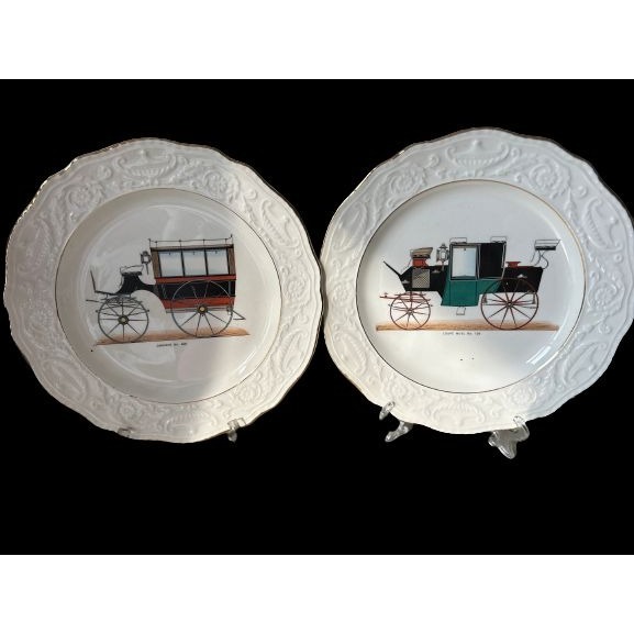 Set of 2 Atlas Fine China Plates Coach Series Vintage Cars 22 Karat Gold