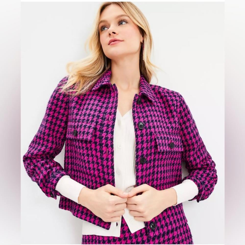 LOFT Houndstooth Textured Cropped Shirt Jacket Pink Houndstooth Size XL NWT