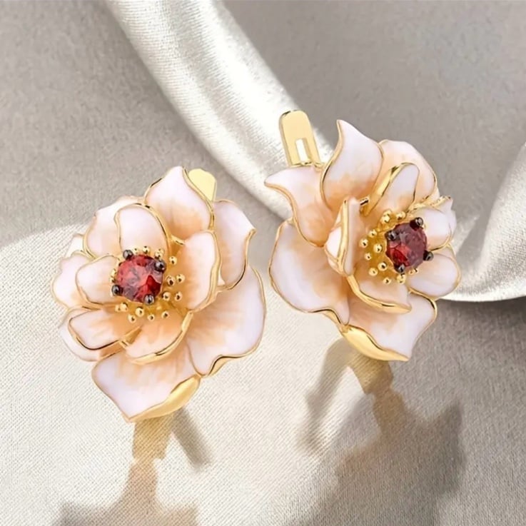 Cream Flower Floral Stud Earrings with Gold and Ruby Accents