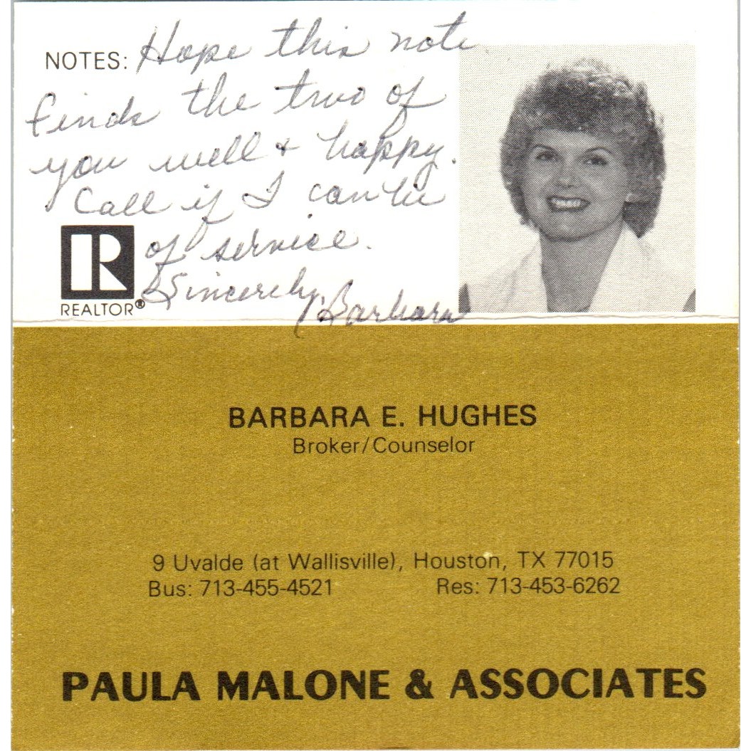 Barbara E. Hughes Paula Malone & Associates Houston Vintage Business Card SD8-B2