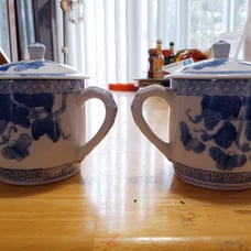 Vintage Blue and white china, butterflies. Lidded mugs, tea cups