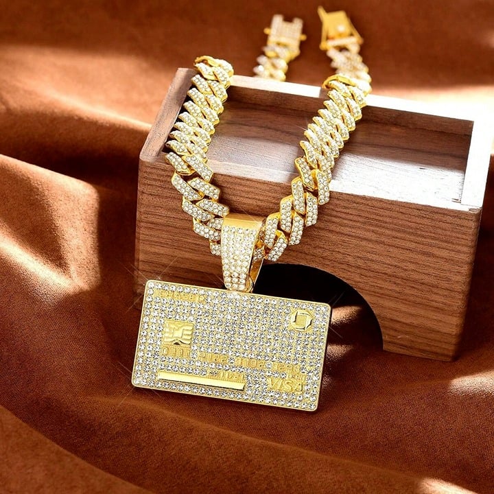 Large Credit Card Pendant & Iced Cubic Zirconia Zig Zag 16 Chain Necklace