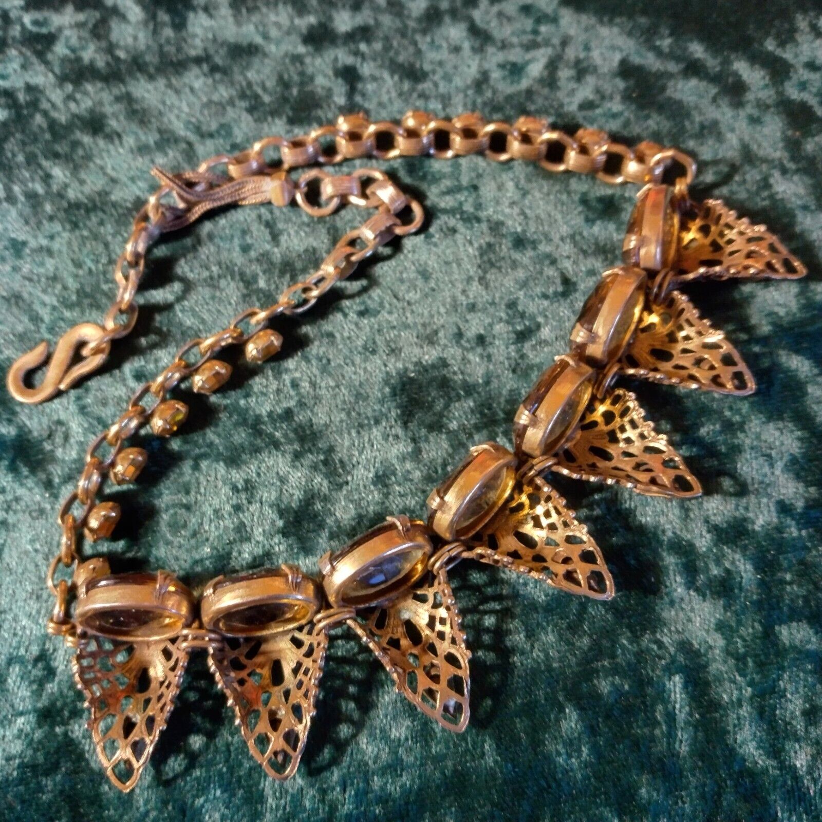 Filigree cone topaz glass necklace, filigree open work, 15 inch, beautiful