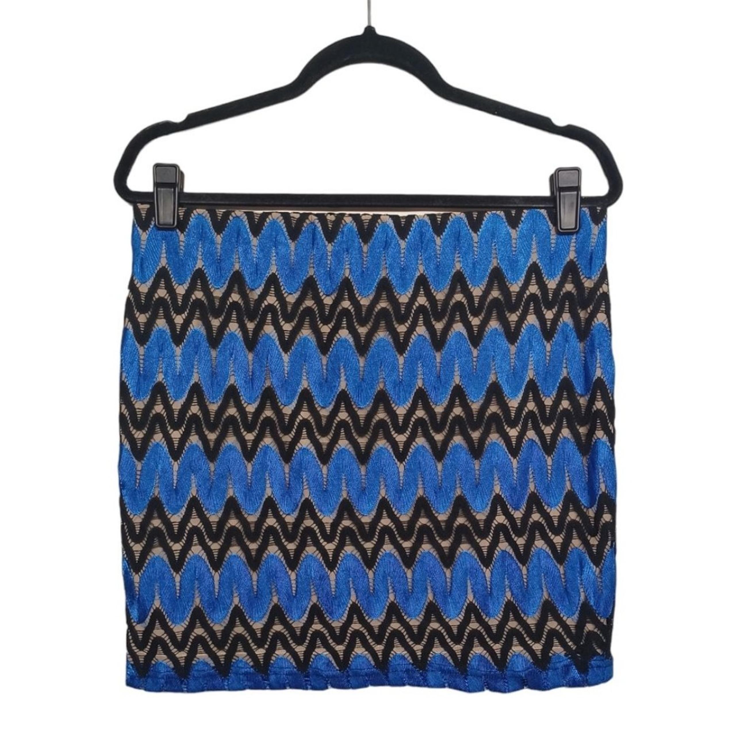 Black Blue Chevron Wave Lace Mini Stretchy Pull On Tan Skirt Medium - Arden B
