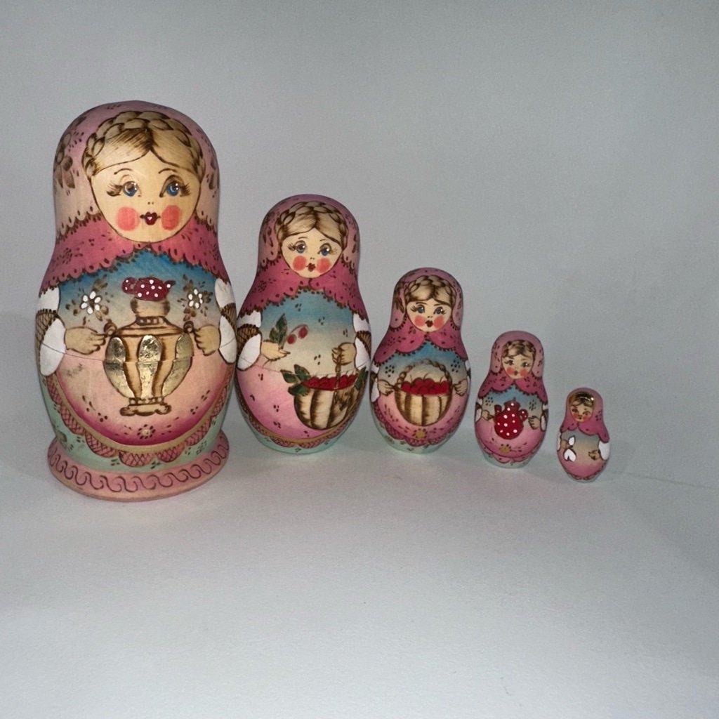 Russian Nesting Dolls Ceprueb Nocag 5 Piece Signed by Artist Vintage / Pink Blue
