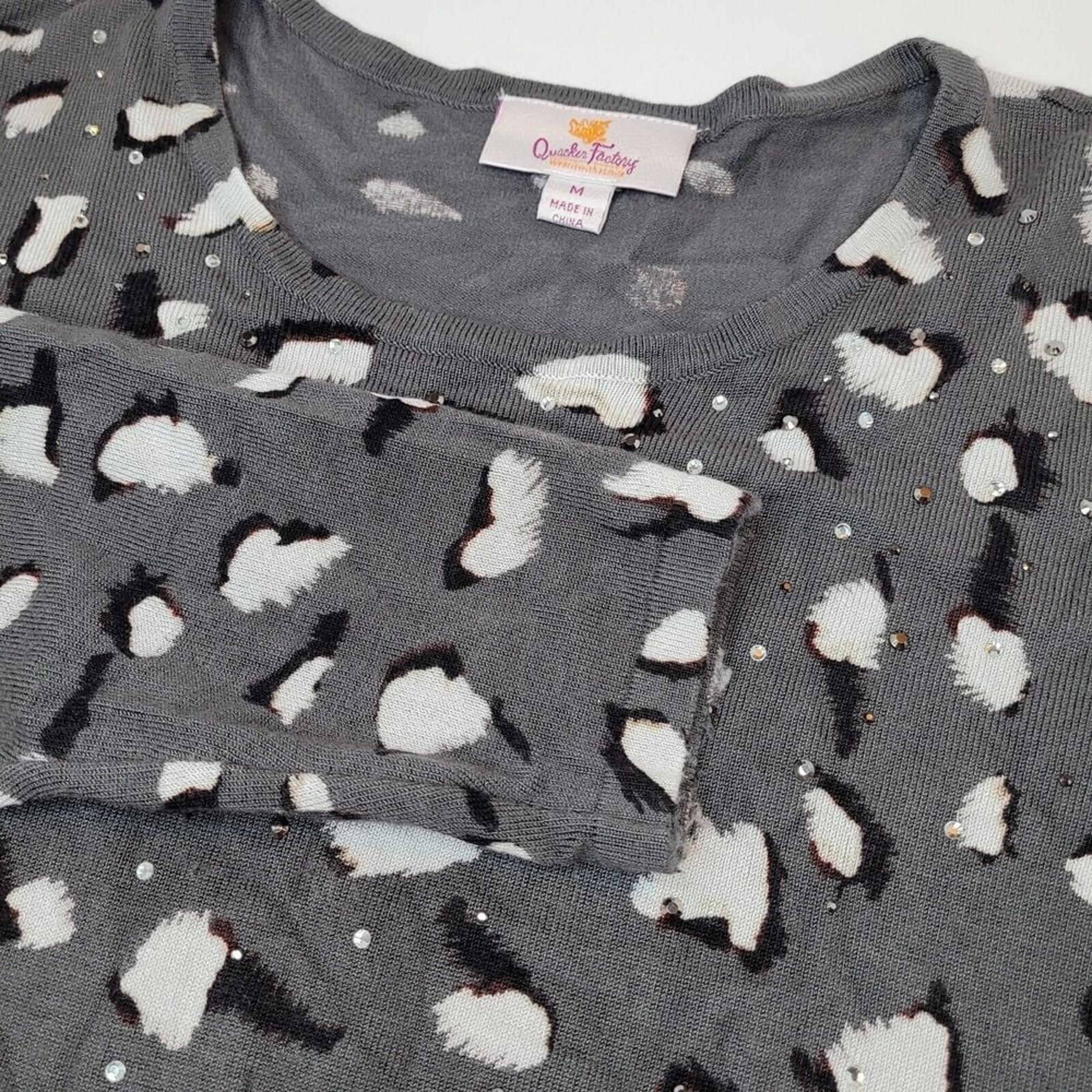 Quacker Factory Crew Neck Printed Sweater, Gray/Black/White, Size M