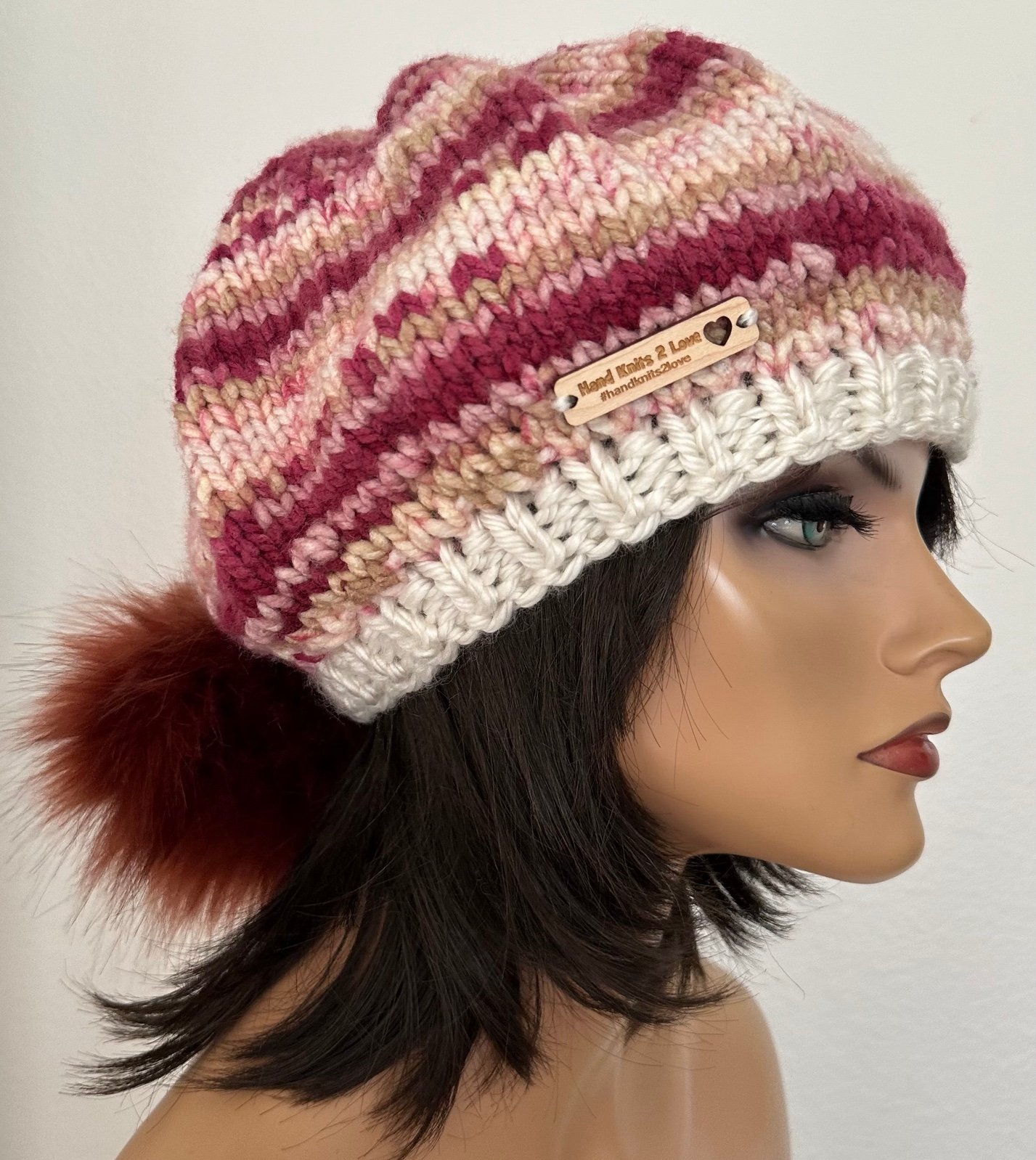 Hand Knits 2 Love Slouch Beanie Hat Faux Fur Pom Pom Ombré Designer