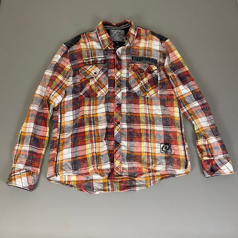 Affliction Black Premium Plaid Button Up Shirt Men's XL Skull Wings Graphic Logo