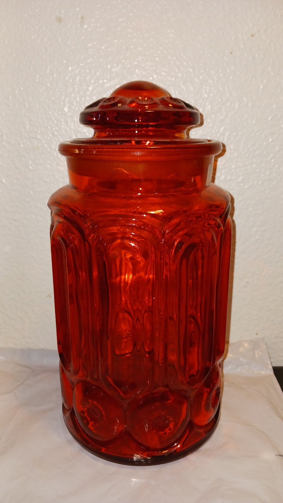 Vintage LE Smith Glass Canister & Lid Amberina Moon & Stars 11” Apothecary Jar