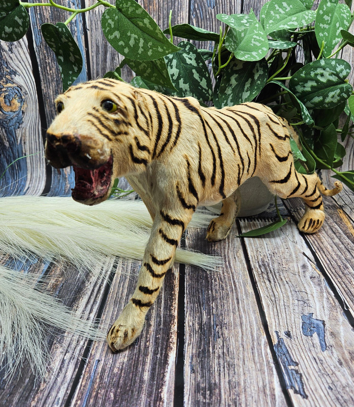 vintage tiger Figurine with calf hair hide unique item