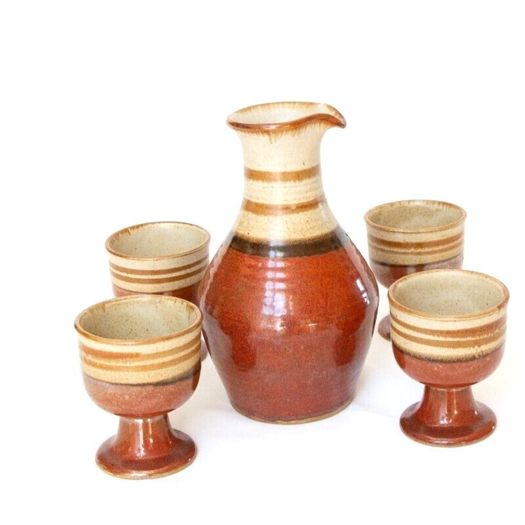 New Takahashi San Francisco MCM Stoneware Tea Sake Cups Pitcher 5pc Set Japan