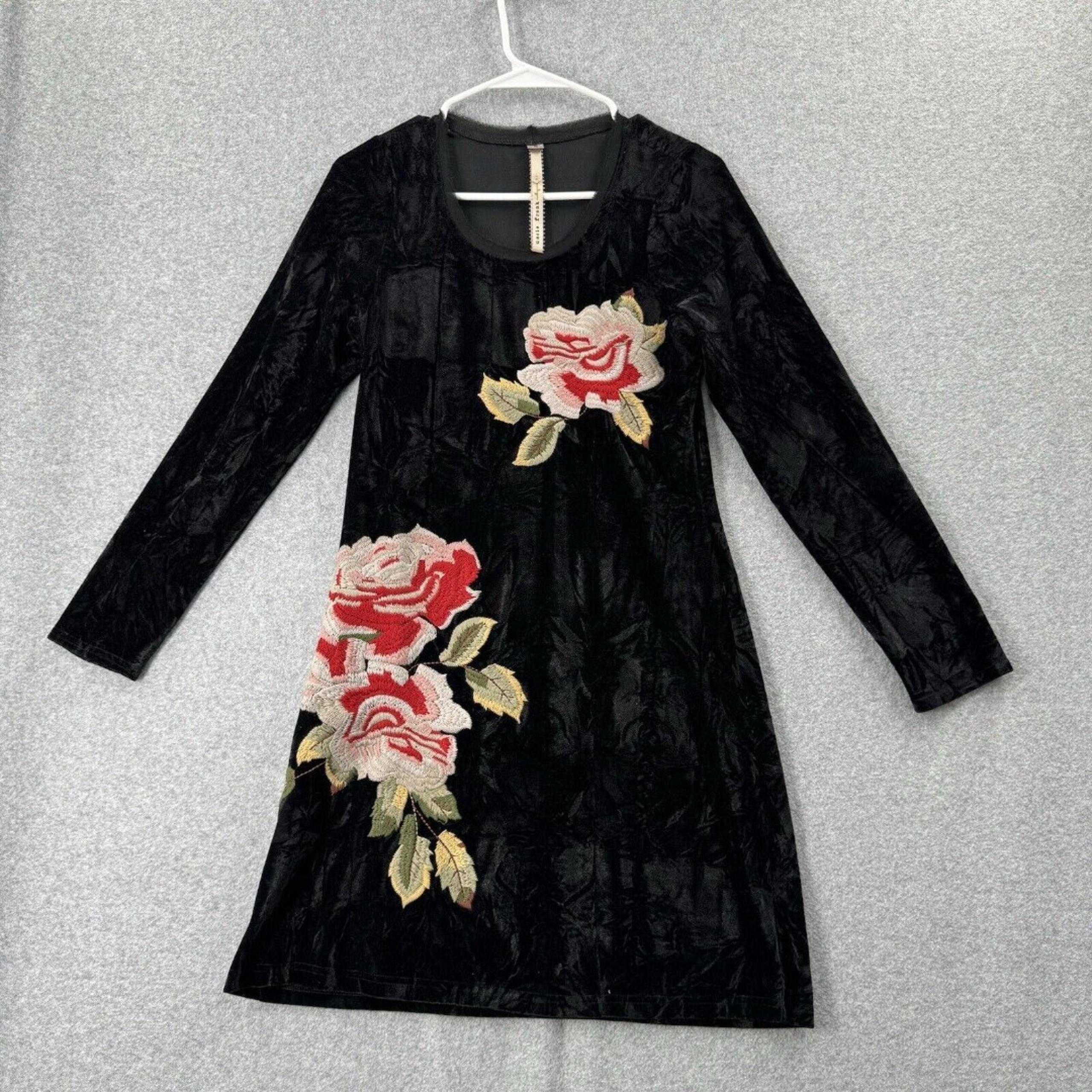 Anthropologie Uncle Frank Dress Wmns S Crushed Velvet Black Embroidery Rose 90s