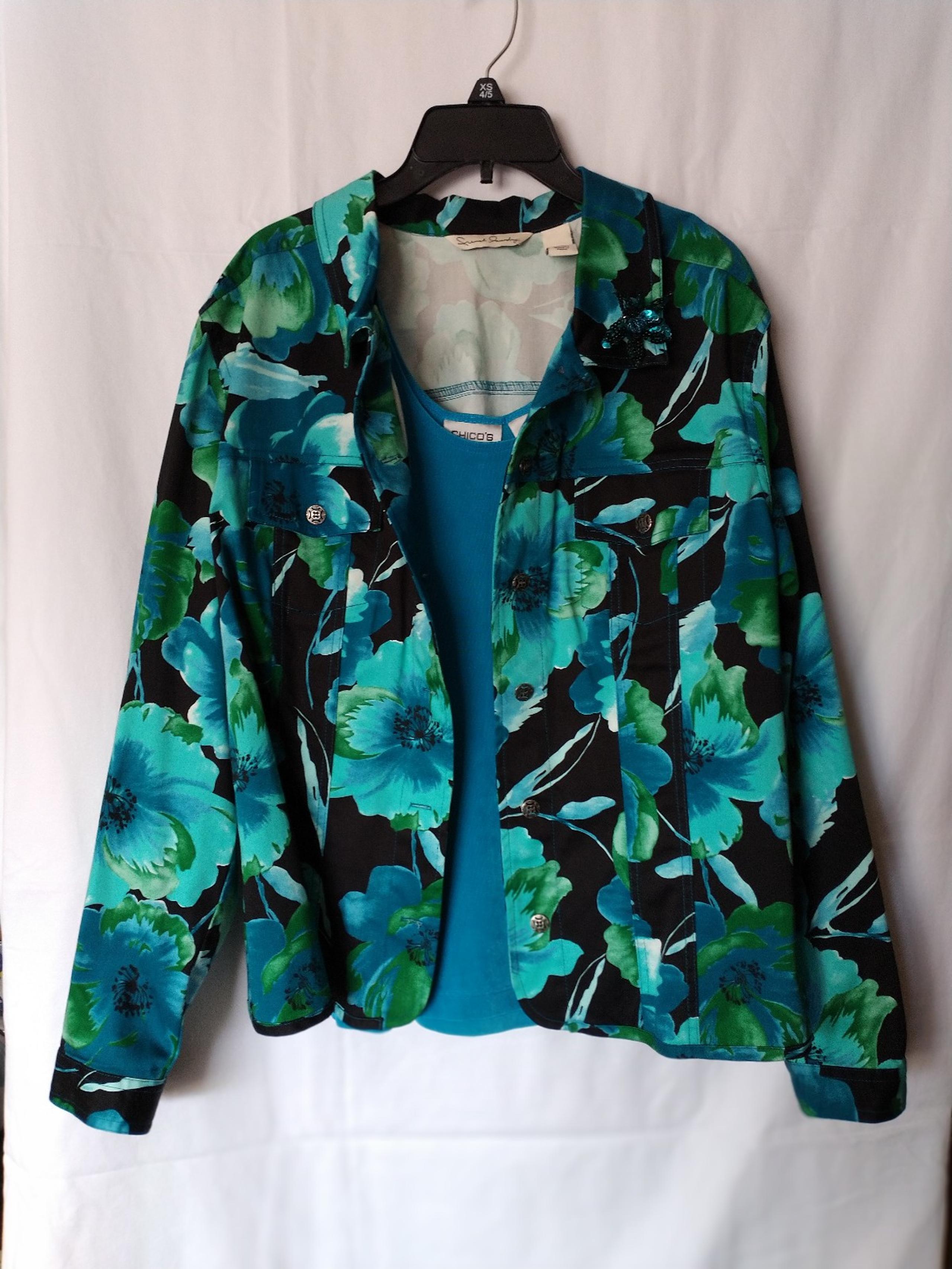 French Laundry Women's Black/Turquoise Floral Button Front Jacket - Size XL