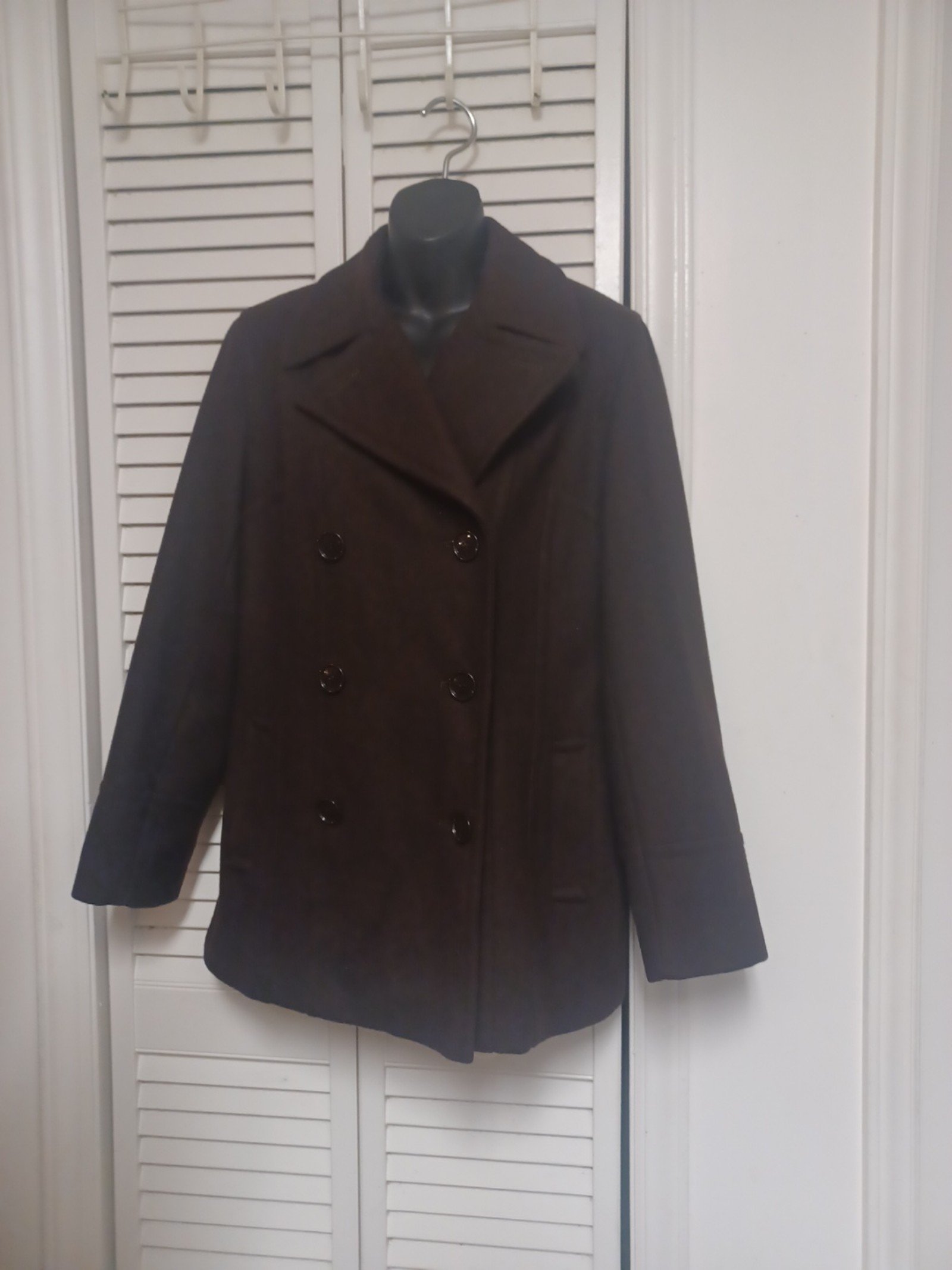 Womens Double Breasted Wool Blend Chocolate Peacoat Winter Jacket Size M