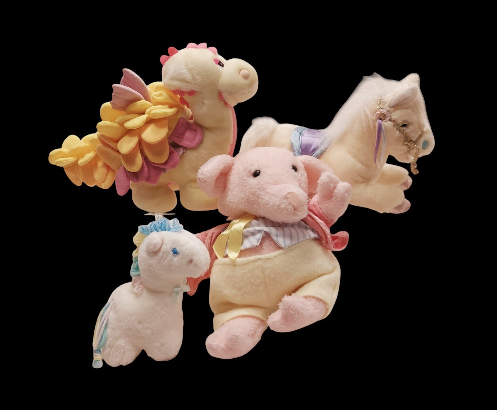 Vintage 80s Rare Plush Lot: Aurora Pony, Hasbro Dragon, Eden Pig, Giraffe Rattle