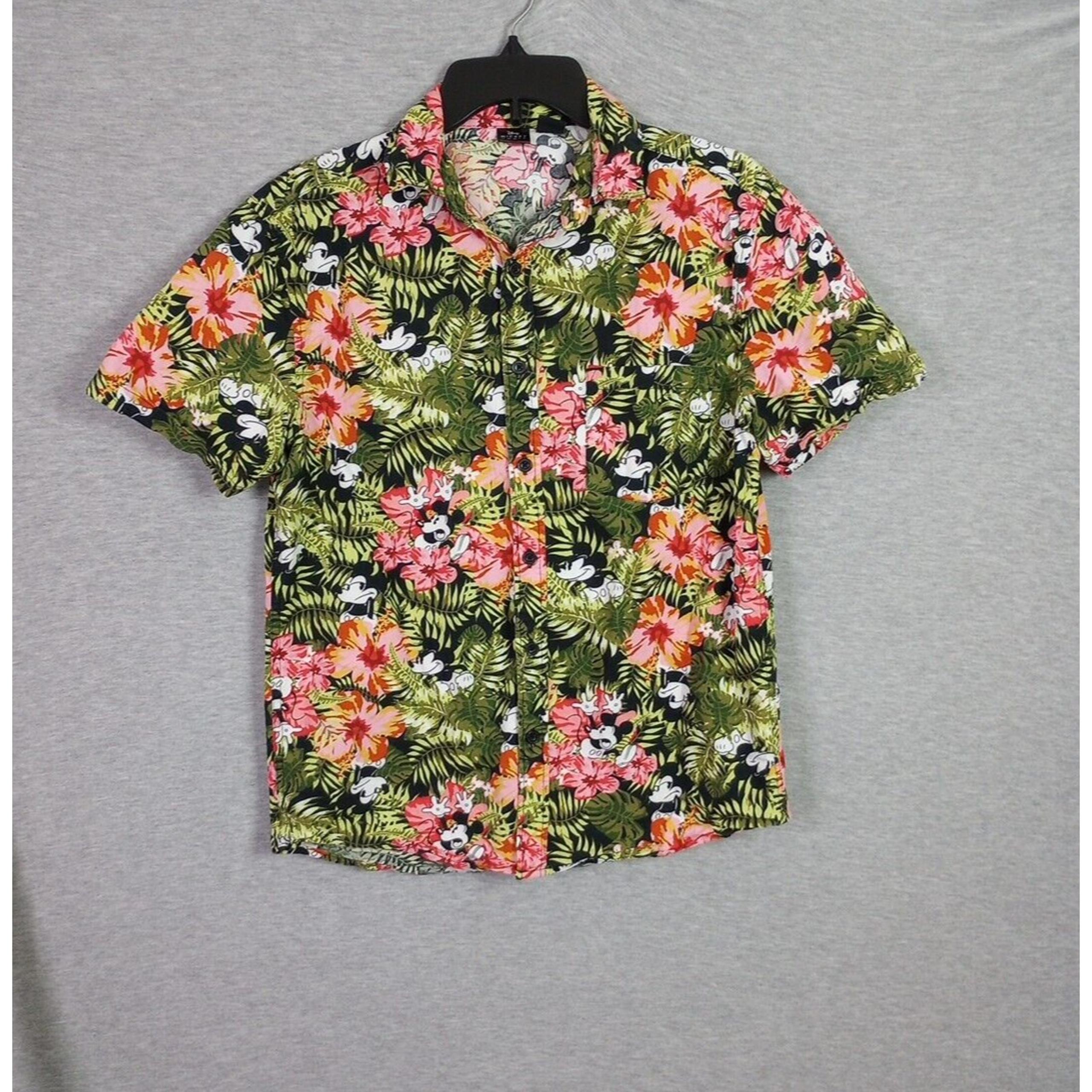 Disney Mickey Mouse Men Hawaiian Shirt Small Medium Green Pink Flowers Casual