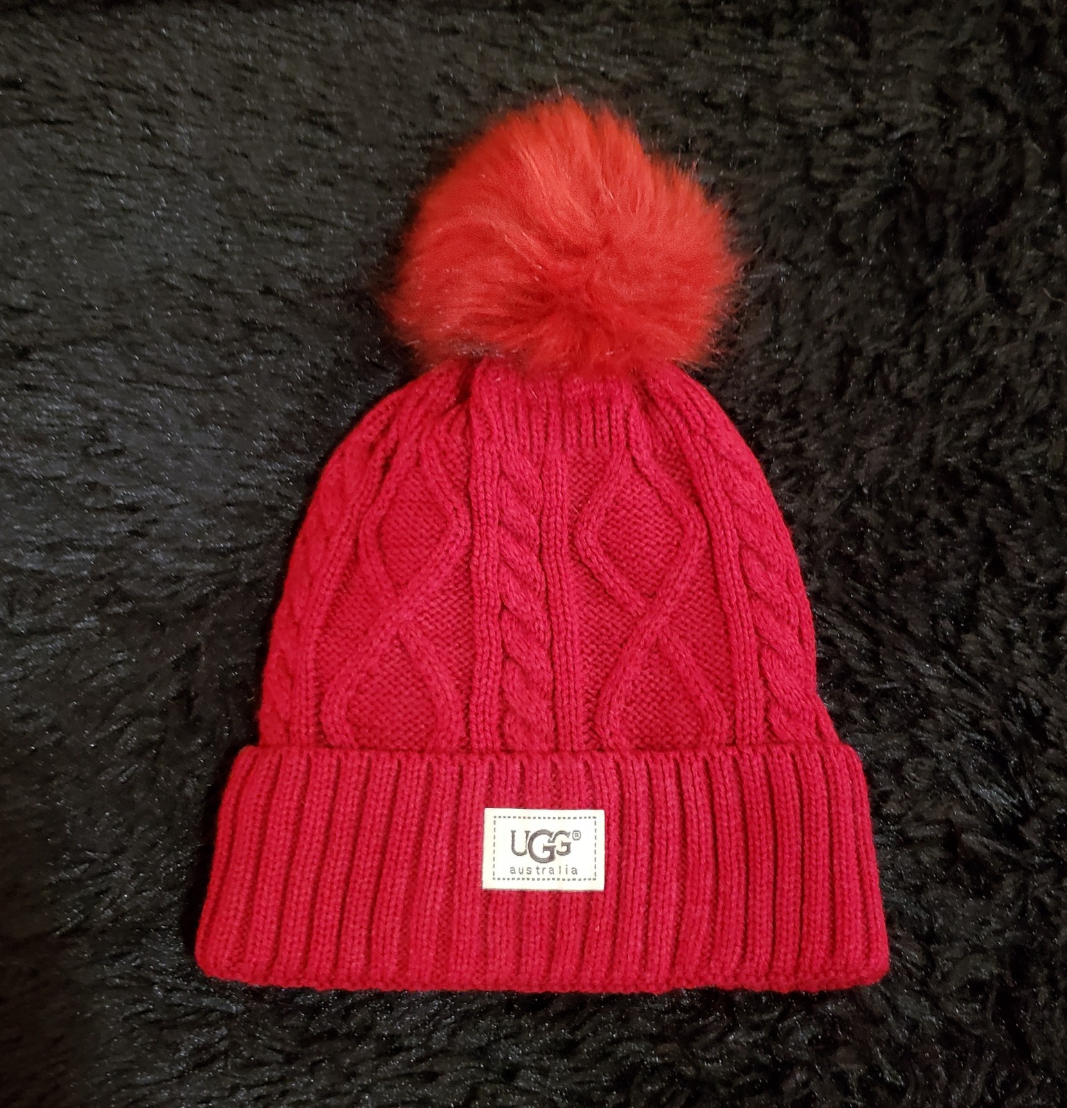 Red UGG Cable Knit Beanie with Faux Fur Pom
