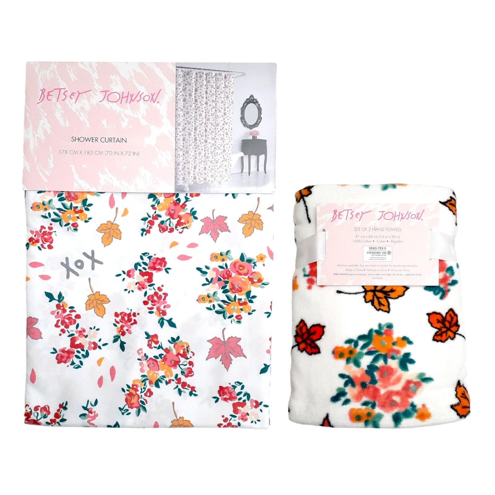 New! Betsey Johnson Pink Fall Foliage Shower Curtain & Hand Towels, Fall Decor