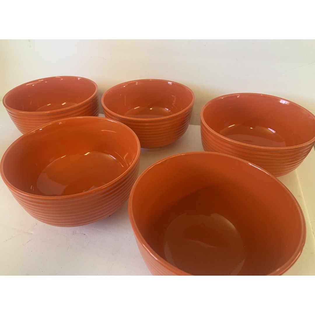 Royal Norfolk Pumpkin Orange Stoneware Ribbed 4 Soup/Cereal/Salad Bowls + Bonus
